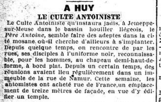 À Huy - Le Culte Antoiniste (Le Vingtième Siècle, 13 février 1923)(Belgicapress)