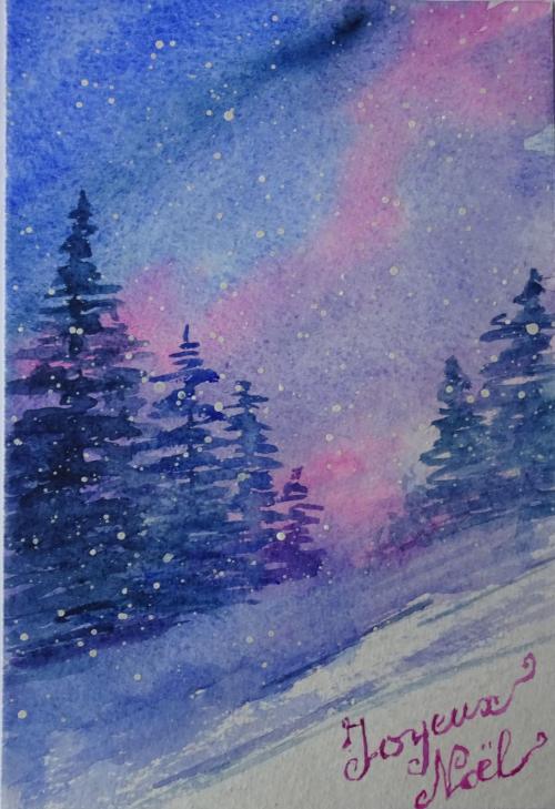 aquarelle : forêt de sapins sous la neige.