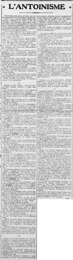 L'Antoinisme (La Croix du Nord, 21 octobre 1925)