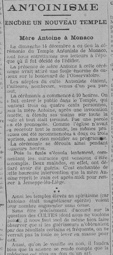 Antoinisme, Encore un nouveau temple, Monaco (Le Fraterniste, 26 décembre 1913)