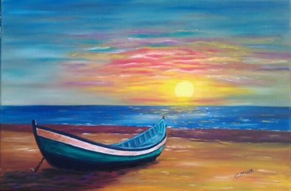 a painting of a boat on the beach at sunset