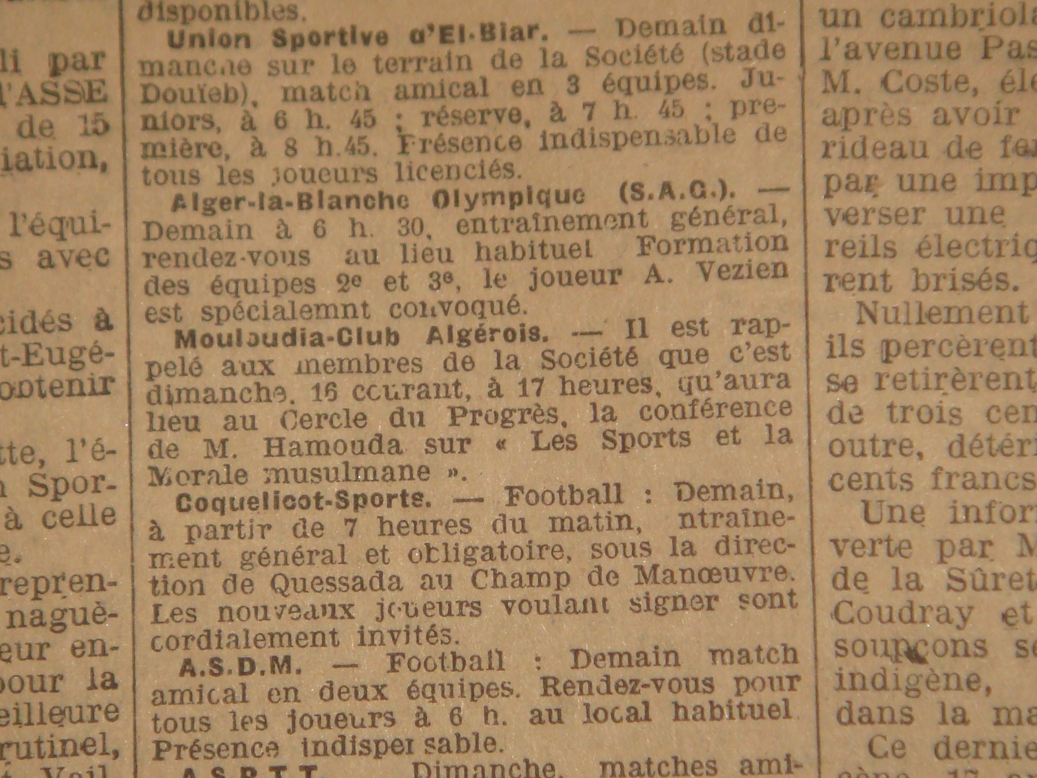 16.1.1929 le MCA organise une conférence avec Hamouda au cercle du progrés (nadi ettaraki)