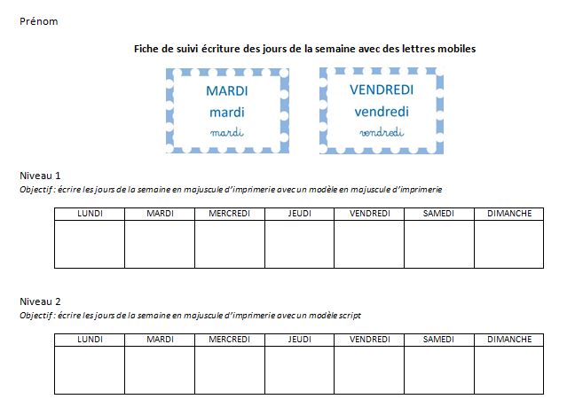 Fiche de suivi écriture jours de la semaine