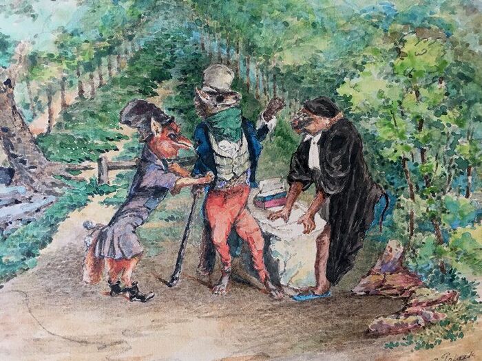 Le Loup plaidant contre le Renard par-devant le Singe (aquarelle datée 1893. Signature peu lisible en bas à droite Polack, sans doute E. Ferdinand Polack).