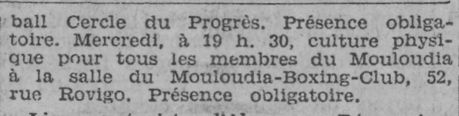 Mercredi 6.4.1932 Réunion au Mouloudia Boxing Club (nouvelle salle de boxe du MCA)
