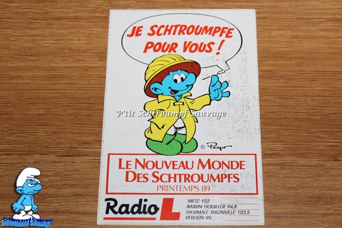 Autocollant publicitaire Schtroumpf "Je schtroumpfe pour vous" RADIO L 1989
