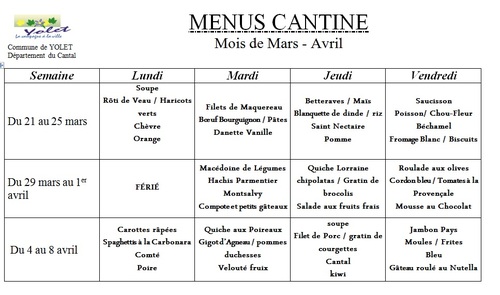 Menus Cantine Mars/Avril