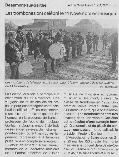 Article Ouest France et Maine Libre 11 Novembre à Beaumont sur sarthe