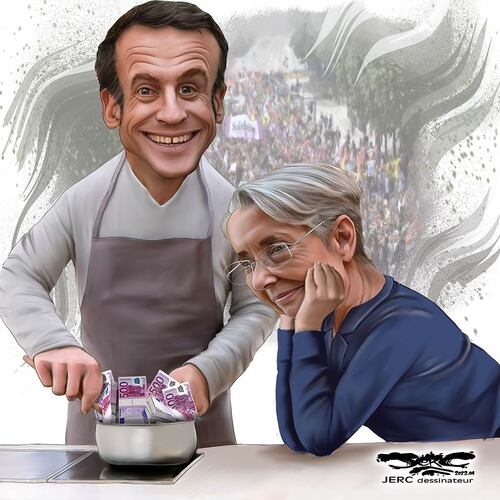 dessin de JERC dessinateur et texte d'AKAKU du vendredi 28 avril 2023 Caricature Emmanuel Macron, Elisabeth Borne casserolade -Ni vu ni connu je tambouille  -   www.facebook.com/jercdessin https://twi