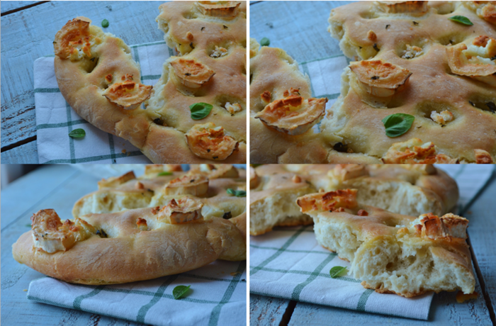 Focaccia très moelleuse au fromage de chèvre et au basilic