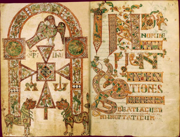 Page de frontiscipe d'un manuscrit carolingien consacré à saint Martin, avec portique et décor zoomorphe, réalisé à Laon, vers 750 (BNF) 