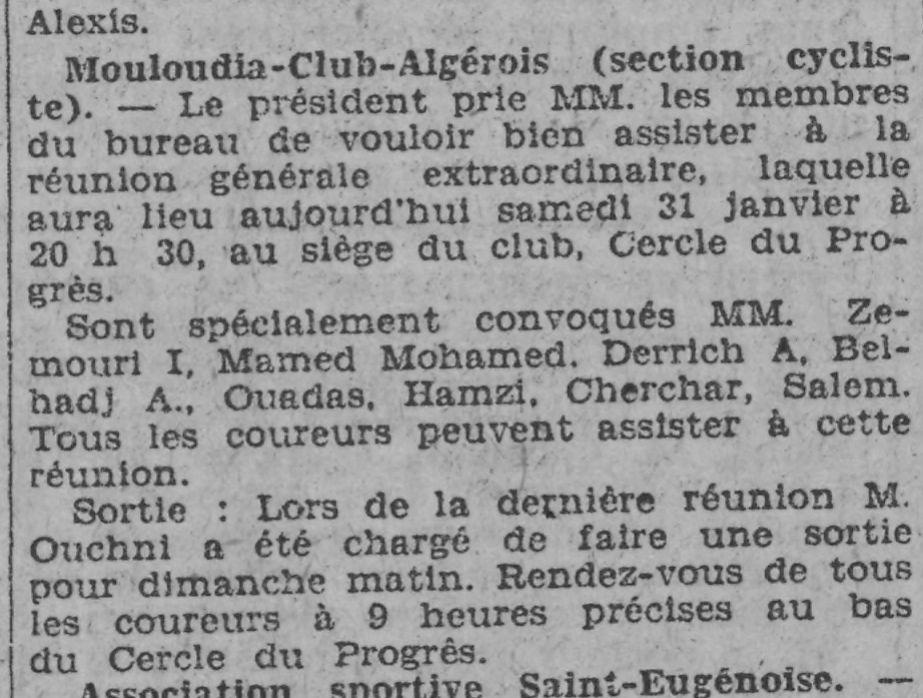Samedi 31.1.1931 Cyclisme MCA convocation des membres et coureurs