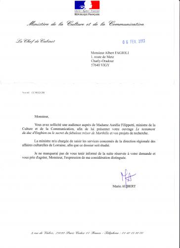Réponse de Mme la ministre de la Culture et de la Communication, Mme  Aurélie Philippetti, le 6 février 2013. (Marie Aubert) - Le testament du  duc d'Enghien. (Albert Fagioli)