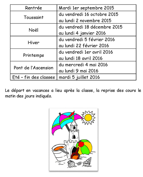 Le calendrier des vacances scolaires 2015-2016 (zoneB)