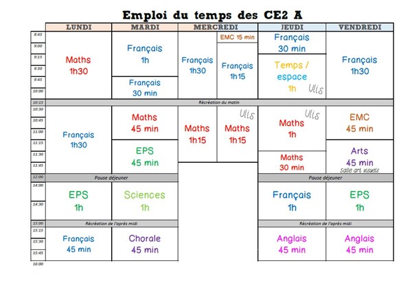 Emploi du temps CE2 2017 - 2018