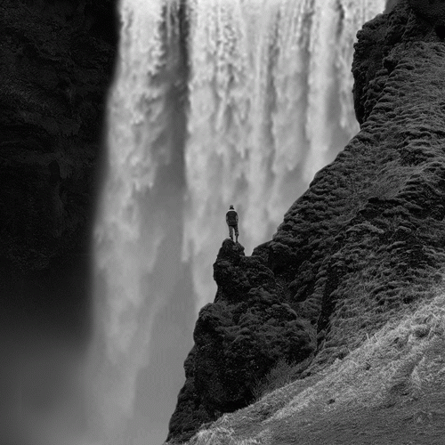 cascade chutes deau silhouette homme nature noir et blanc Image, GIF animé