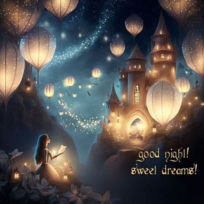 Peut être un dessin de 1 personne, cierge magique, lanterne, château, nuit et texte qui dit ’R good nighi! sweet dreams!’