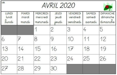 Voici le calendrier du mois d'Avril !