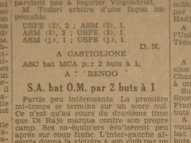 Dimanche 13.3.1932 à Castiglione match à rejouer Aller AS Castiglione-MCA 2-1