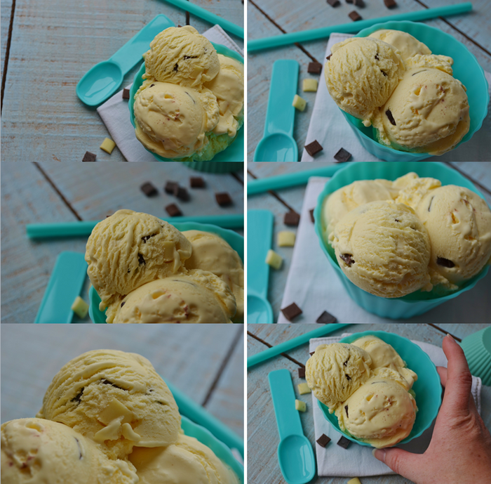 Glace au chocolat blanc et pépites aux trois chocolats