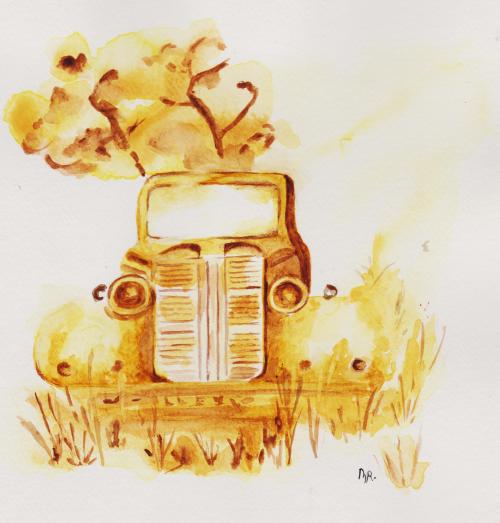 Voiture sépia, aquarelle pour Marie