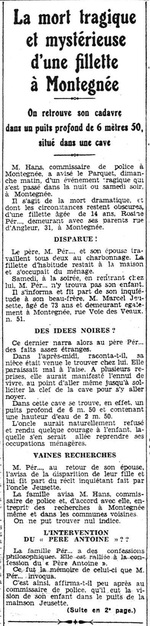La mort tragique d'une fillette à Montegnée p.1 (La Wallonie, 24 novembre 1930)(Belgicapress)