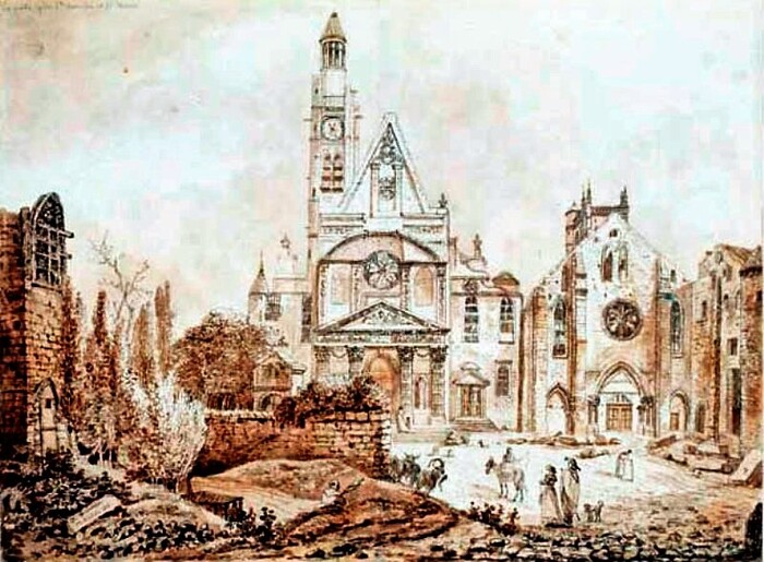 Démolition de l’ancienne abbaye Sainte-Geneviève en 1807 (aquarelle de Denis Duchateau-Destours, Musée Carnavalet)
