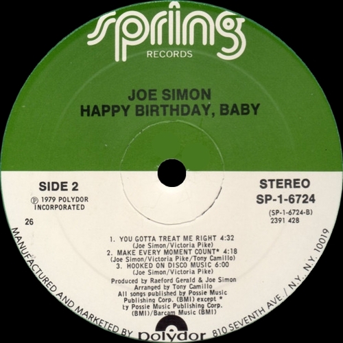 Joe Simon : Album " Happy Birthday , Baby " Spring Records SP-1-6724 [ US ]