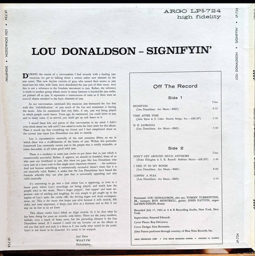 Lou Donaldson " Signifyin' " Argo Records LPS 724 [ US ]