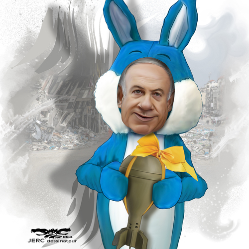 dessin de JERC dessinateur et texte d'AKAKU du mercredi 03 avril 2024 Caricature Benyamin Netanyahou   - NOEL EN TOMBE et PÂQUES SOUS LES BOMBES -  www.facebook.com/jercdessin https://twitter.com/dess
