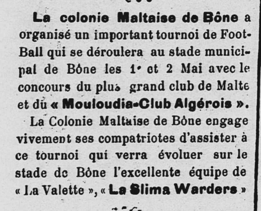 1 et 2 mai 1937 tournoi de Annaba avec le MCA et les maltais de la Slima Warders