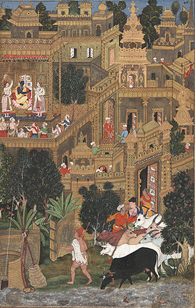 Krishna dans son palais de Dwarka(Miniature moghole illustrant le Harivamsa - v. 1600)