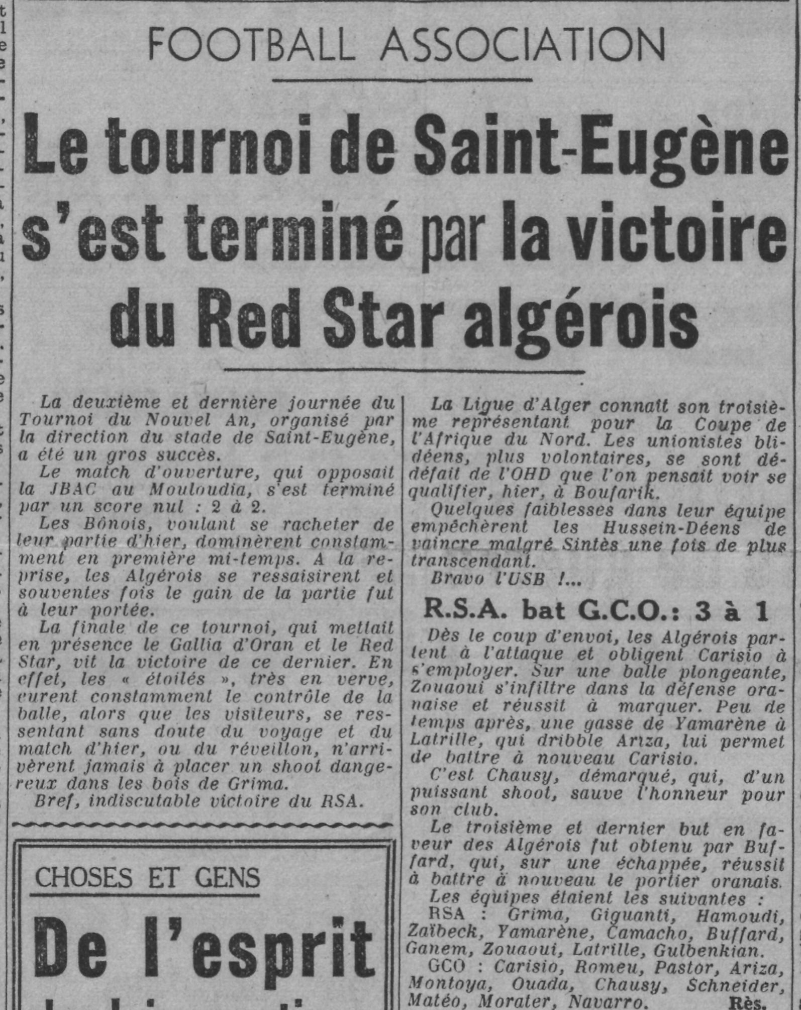 Samedi 3.1.1942 Tournoi Nouvel An JBAC-MCA 2-2