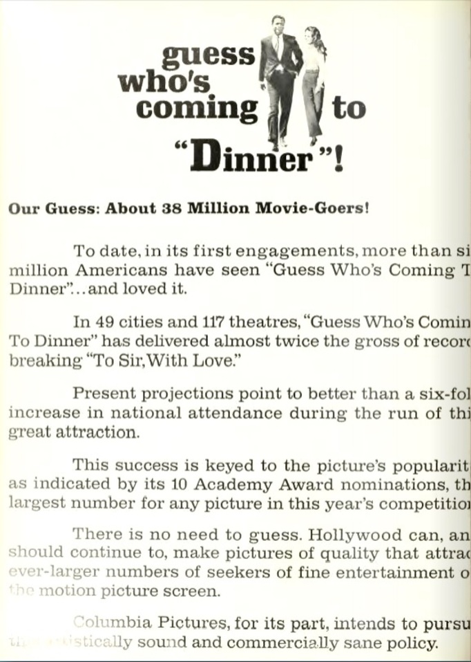 GUESS WHO'S COMING TO DINNER BOX OFFICE 1967