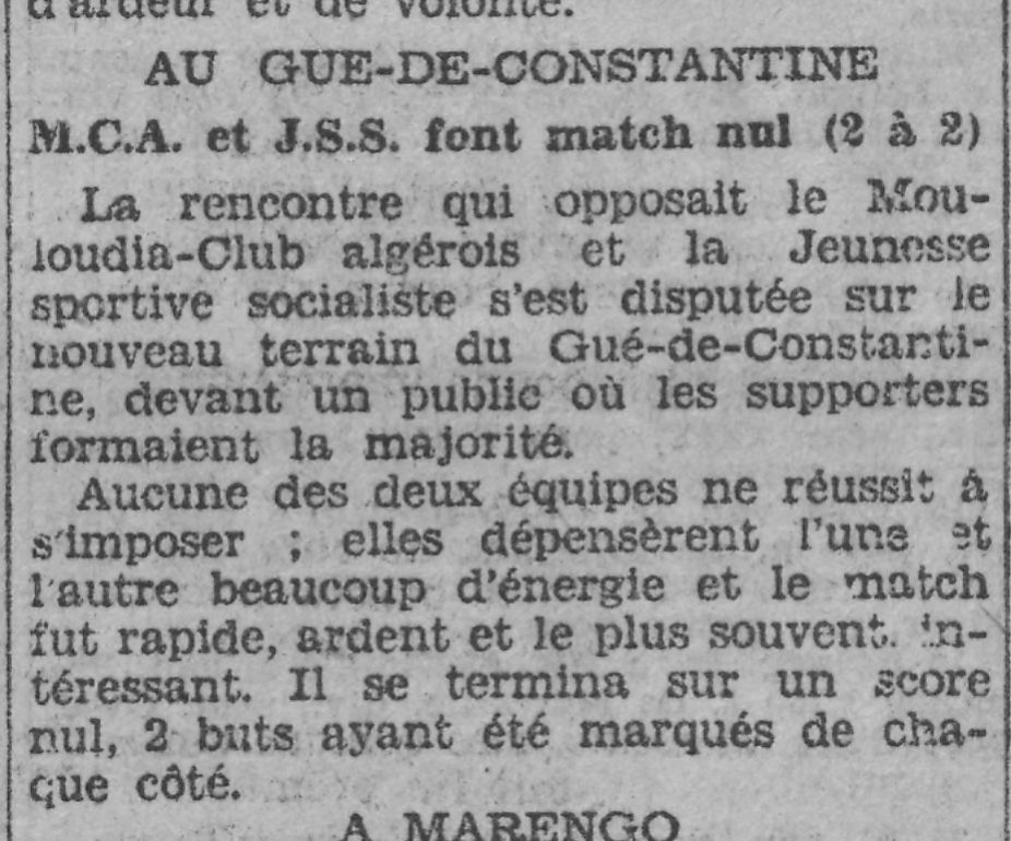 Dimanche 15.12.1929 au Gué de constantine JSS (Jeunesse Sportive Socialiste) - MCA 2-2