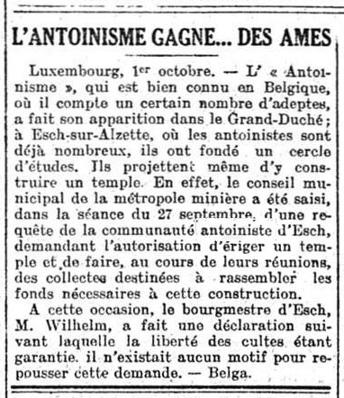 L'antoinisme gagne... des âmes - Luxembourg (La Dernière Heure, 3 octobre 1924)(Belgicapress)