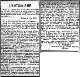 L'Antoinisme, lettre du dir. de la Sainte Famille (La Meuse, 15 juin 1910)(Belgicapress)