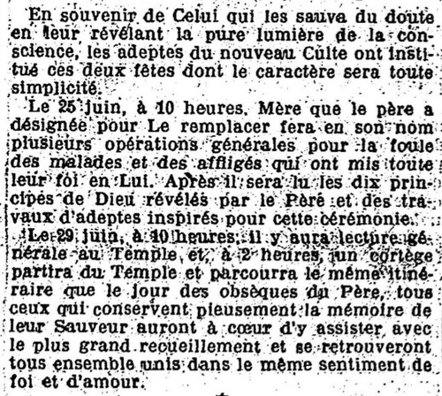 Billet d'annonce de la Fête de Père (in Chez les antoinistes, Le Soir. 23 juin 1913)(belgicapress.be)