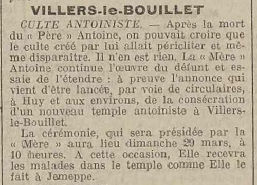 Villers-le-bouillet - Culte antoiniste (Journal de Liège et de la province, 25 mars 1914)