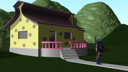 Petite maison avec mapping sur les murs et le toit