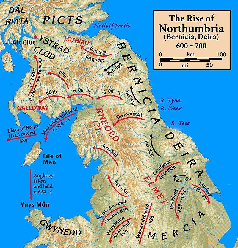 Carte du nord de l'Angleterre montrant les conquêtes anglo-saxonnes vers l'ouest.