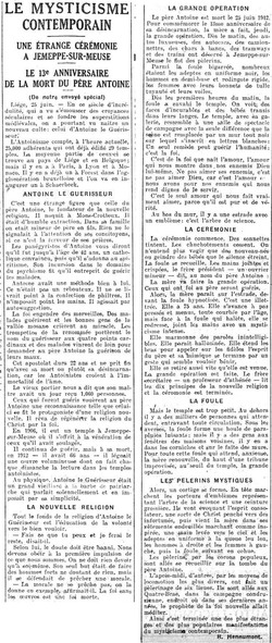Le 13e anniversaire de la mort du Père Antoine (La Dernière Heure, 26 juin 1925)(Belgicapress)
