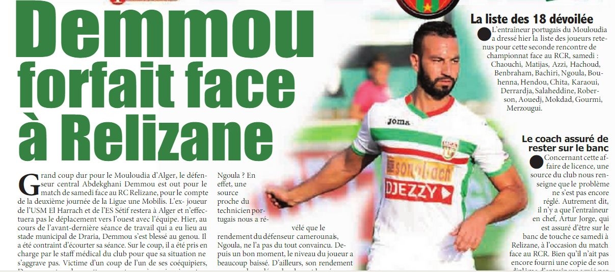 Demou absent contre RELZANE