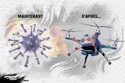 dessin de JERC et texte d'AKAKU du mardi 28 avril 2020 caricature le virus du monde d'après... Syndrome ou Saint Drone www.facebook.com/jercdessin https://twitter.com/dessingraffjerc