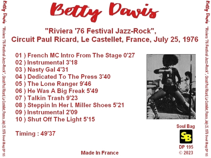 Betty Davis : CD " Live At Riviera '76 Festival Jazz-Rock Live Le Castellet, France July 25, 1976 " Soul Bag Records DP 195 [ FR ]