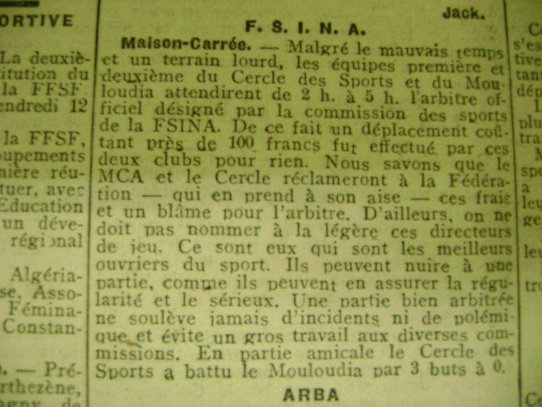 Dimanche 21.01.1923 C.S (Cercle des Sports)-MCA non joué