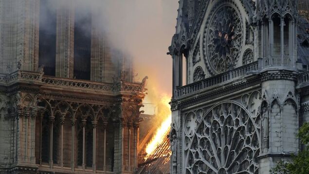 Une chimère face aux flammes, s'approchant dangereusement d'une des rosaces, chef d'oeuvre de Notre-Dame.