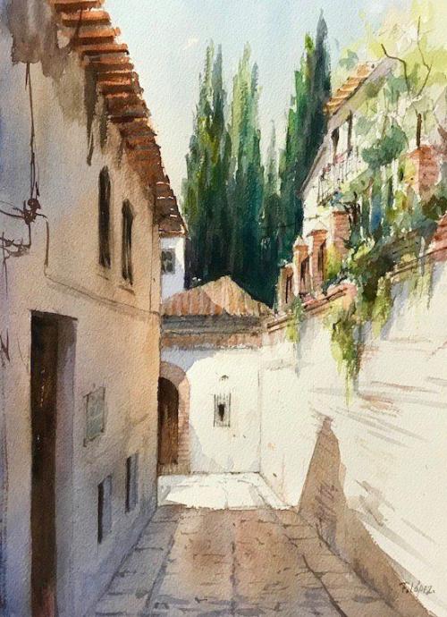 Dessin et peinture - vidéo 3775 : Comment peindre une ruelle dans un paysage urbain (le quartier d'Albaicín. Granada - Espagne) ? - aquarelle.