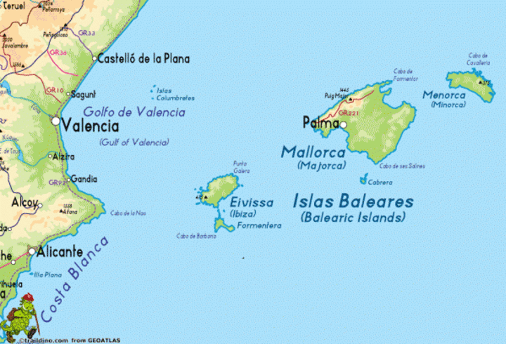 l'archipel des Baléares , Majorque, Minorque , Ibiza , Formentera, Cabrera et d'autres îlots 