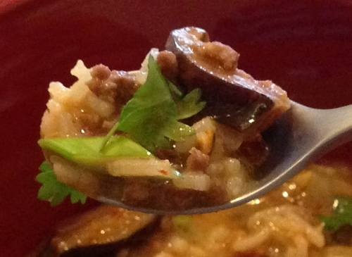 Curry rouge de boeuf haché avec avec fruits logan, Shiitake et oignons